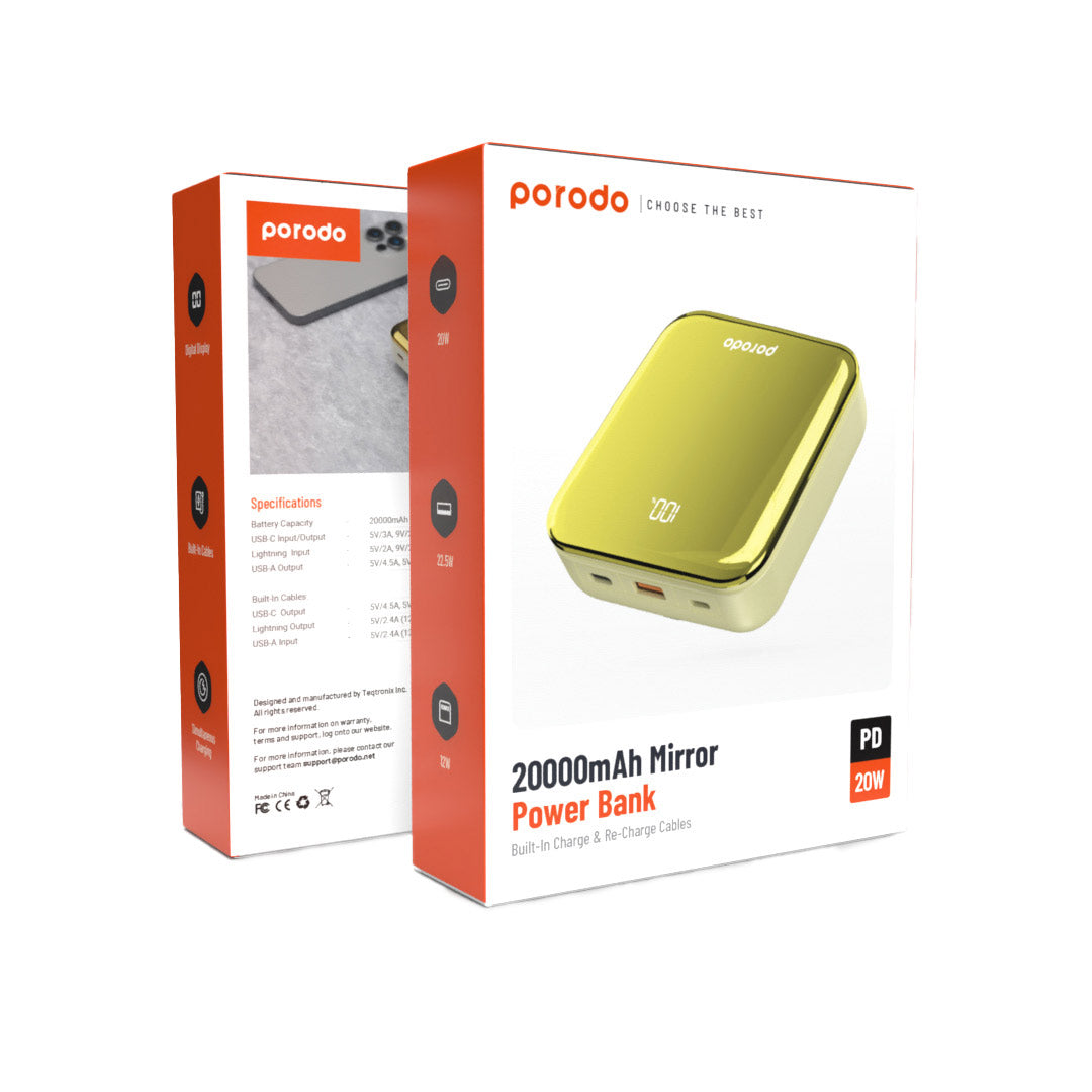 Porodo 20000mAh Mirror Power Bank Built-In Charge & Re-Charge Cables - PD-PBFCH032-GD