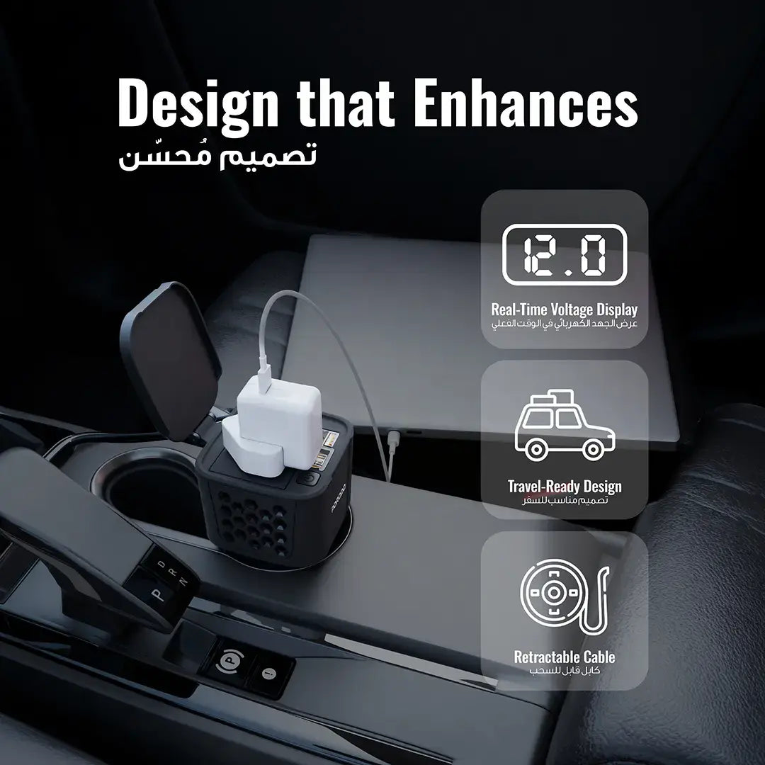 Porodo DriveStation 200W Car Power Inverter with Real-Time Voltage Display - PDCI103BK