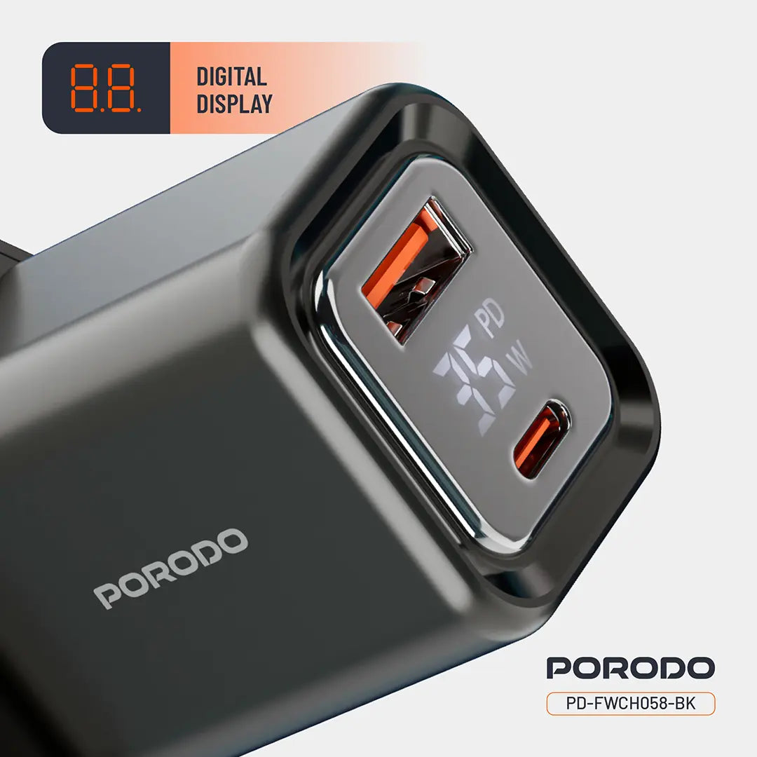 Porodo Dual-Port | Digital Display Quick Charger - PD-FWCH058-BK