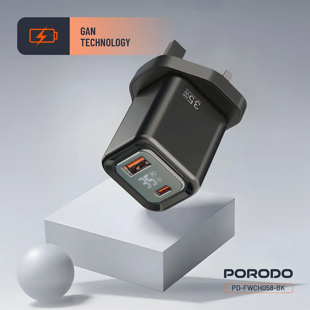 Porodo Dual-Port | Digital Display Quick Charger - PD-FWCH058-BK