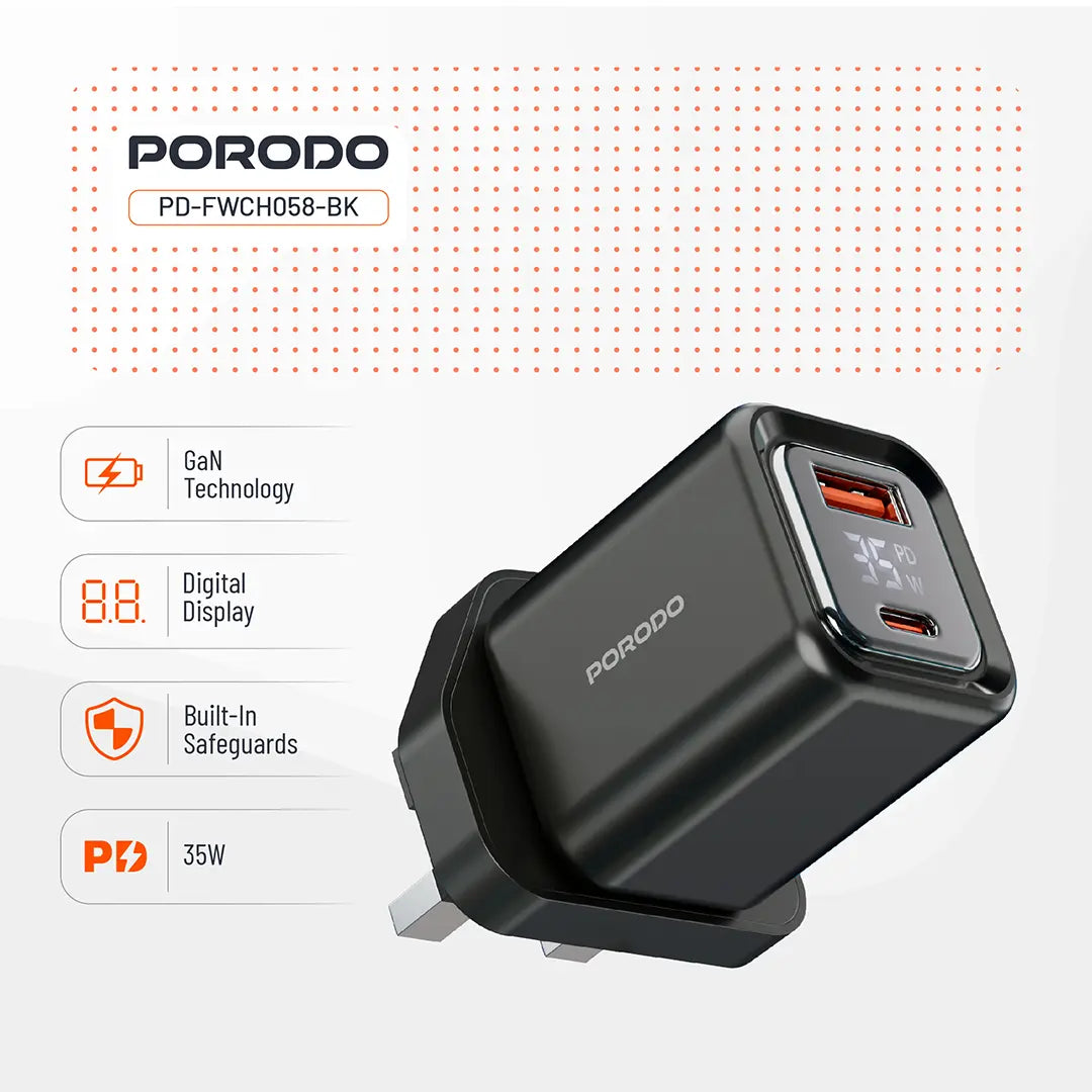 Porodo Dual-Port | Digital Display Quick Charger with Cable - PD-FWCH058-C-BK