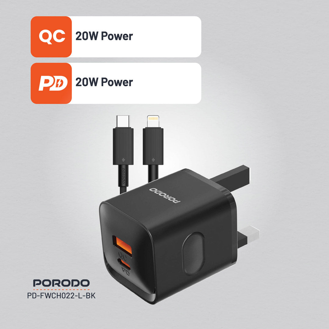 Porodo Dual Port Wall Charger UK - PDFWCH022LBK