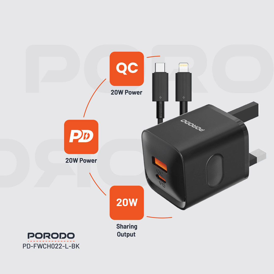Porodo Dual Port Wall Charger UK - PDFWCH022LBK