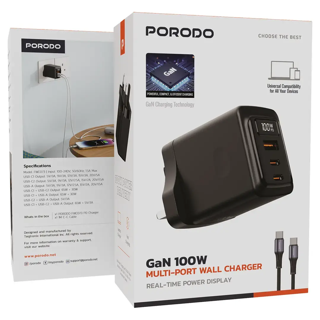 Porodo GaN 100W Multi-Port Wall Charger - PDFWCH073CBK