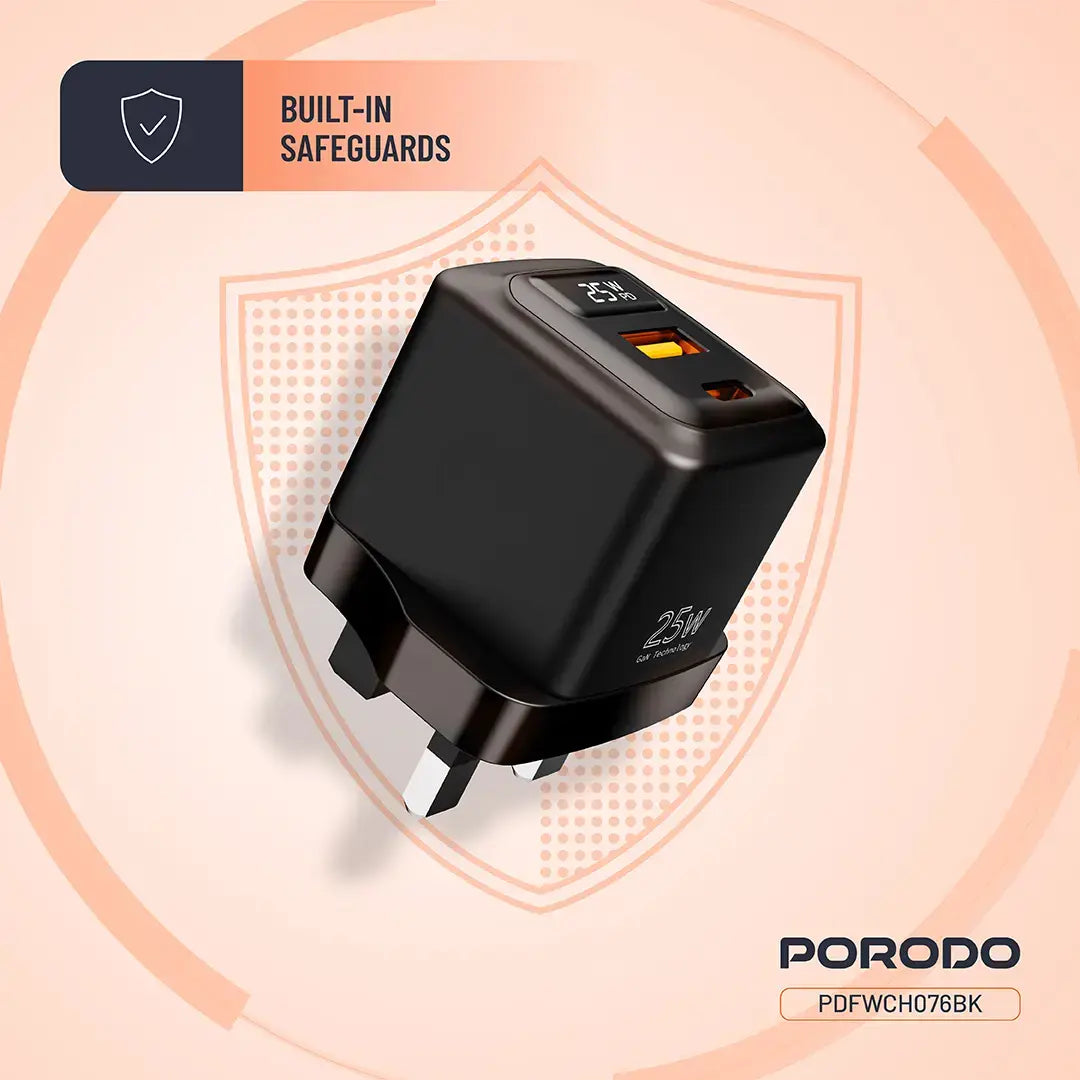 Porodo GaN 25W Dual-Port Wall Charger With Type-C To Type-C Cable - PDFWCH076CBK