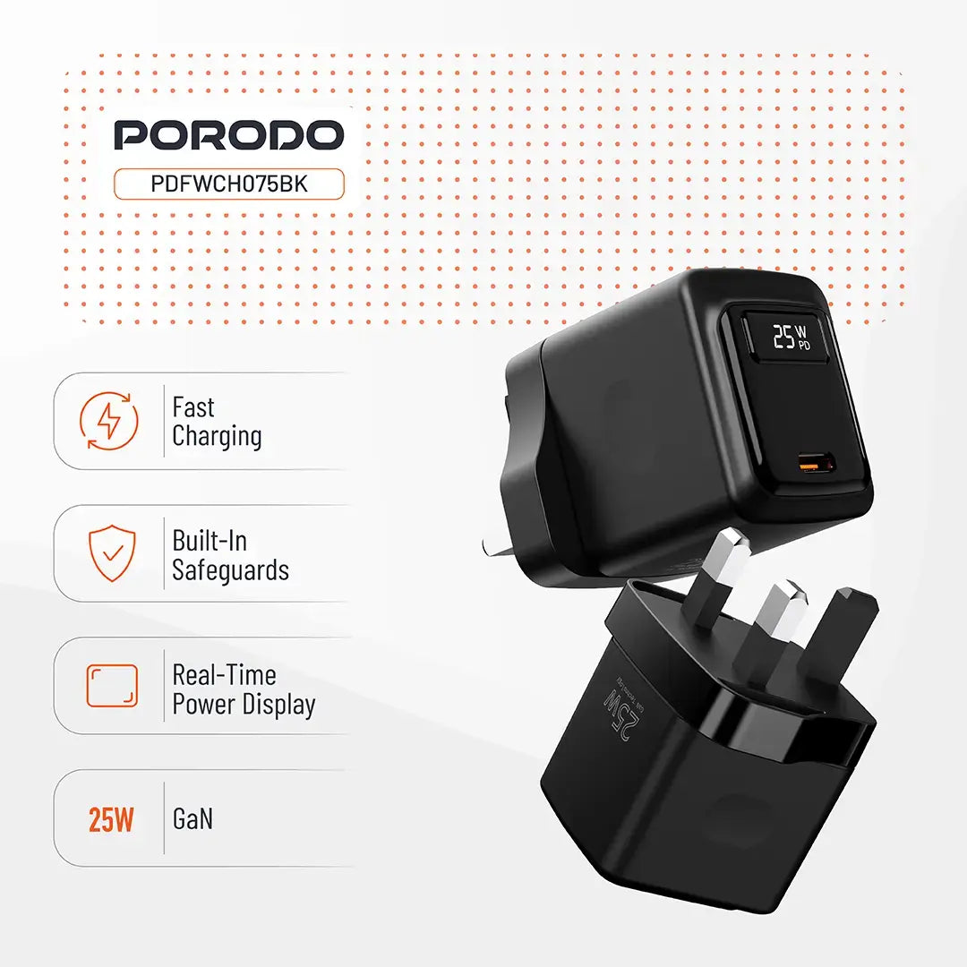 Porodo GaN 25W USB-C Wall Charger - PDFWCH075BK