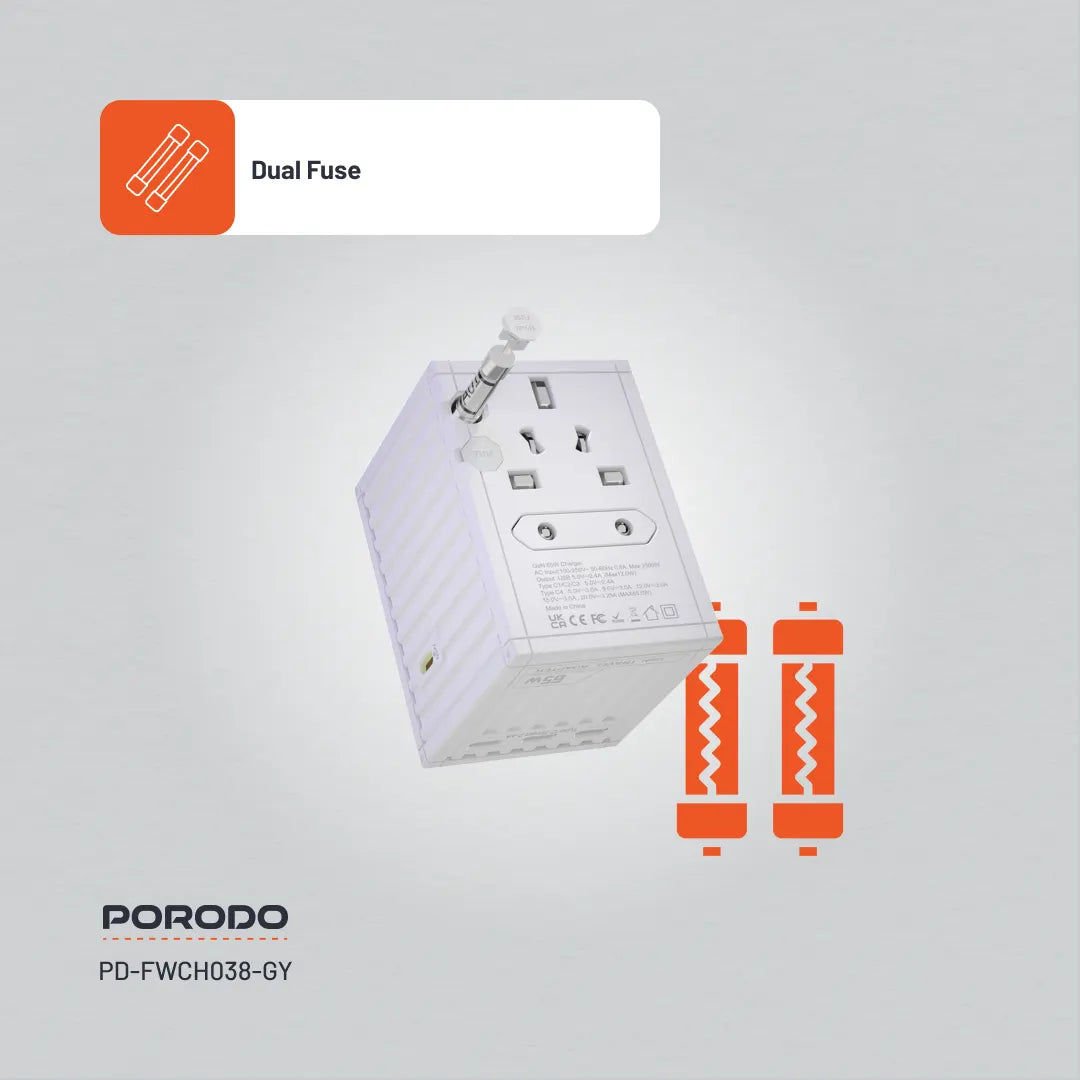 Porodo GaN 5-Port Travel Block Universal Charger - PD-FWCH038-GY