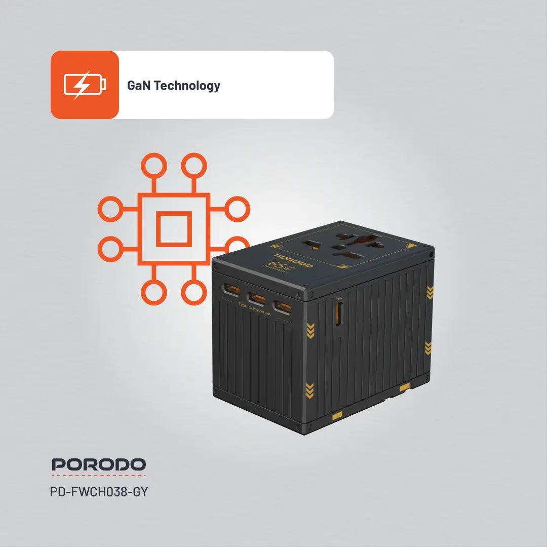 Porodo GaN 5-Port Travel Block Universal Charger - PD-FWCH038-GY