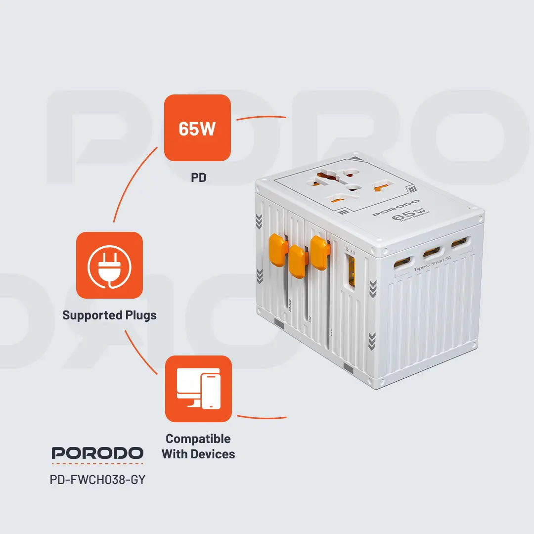 Porodo GaN 5-Port Travel Block Universal Charger - PD-FWCH038-GY