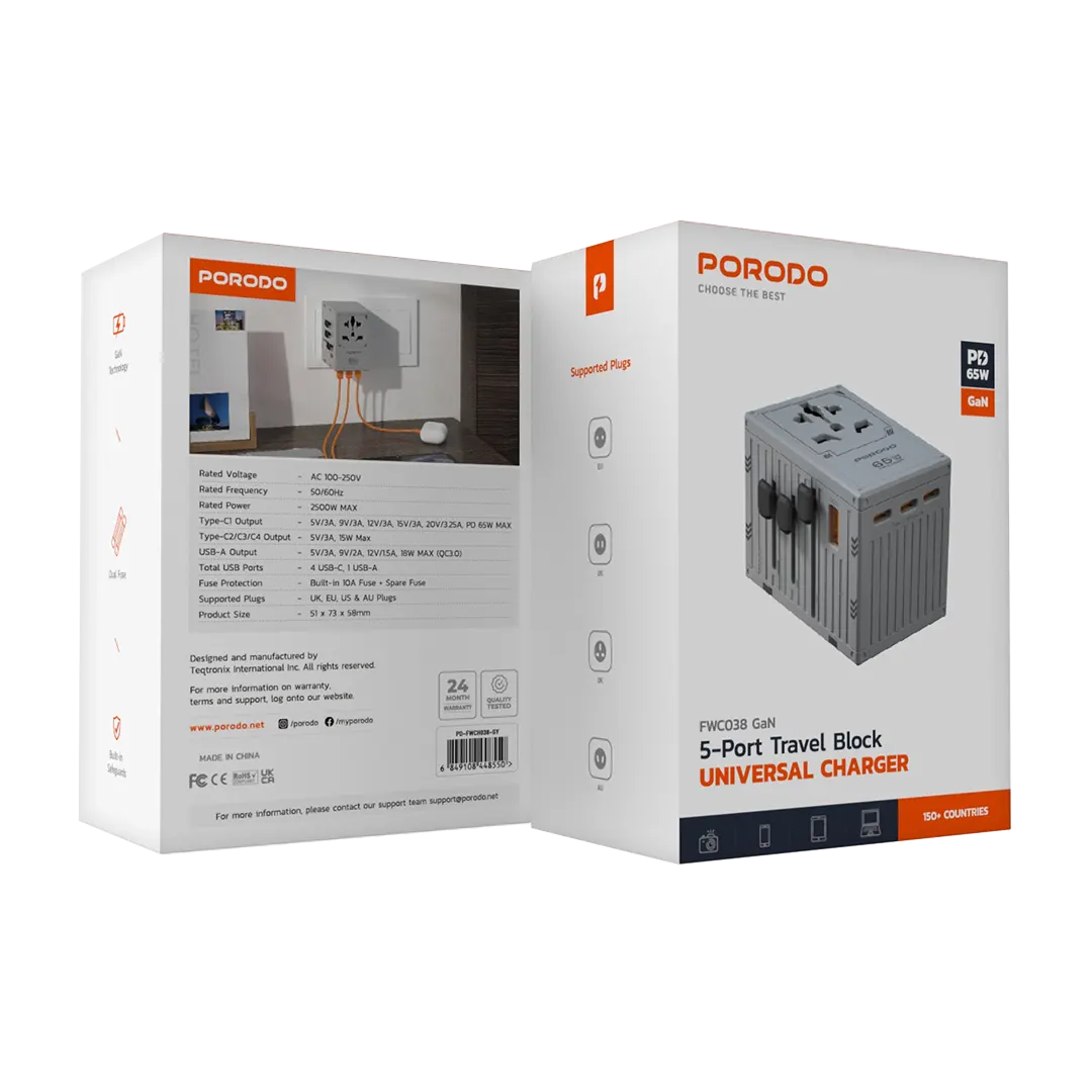 Porodo GaN 5-Port Travel Block Universal Charger - PD-FWCH038-GY