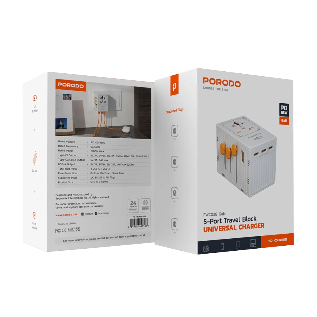 Porodo GaN 5-Port Travel Block Universal Charger - PD-FWCH038-GY