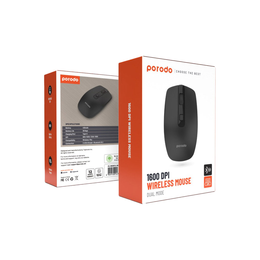 Porodo 1600 DPI Wireless Mouse Dual Mode - PD-WBRM16-BK