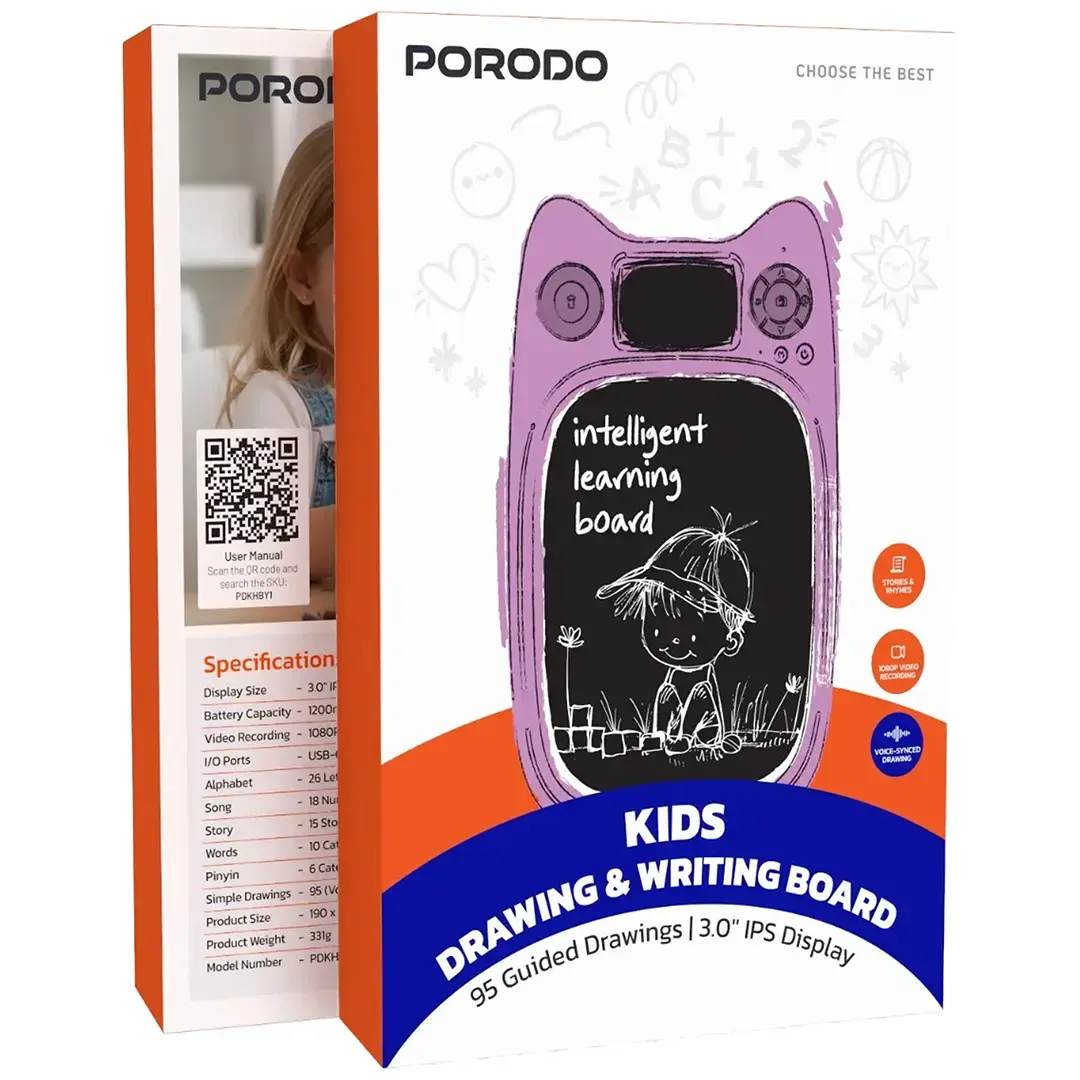 Porodo Kids Drawing & Writing Board 95 Guided Drawings | 3.0" IPS Display - PDKHBY1BL