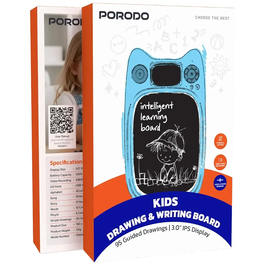 Porodo Kids Drawing & Writing Board 95 Guided Drawings | 3.0" IPS Display - PDKHBY1BL