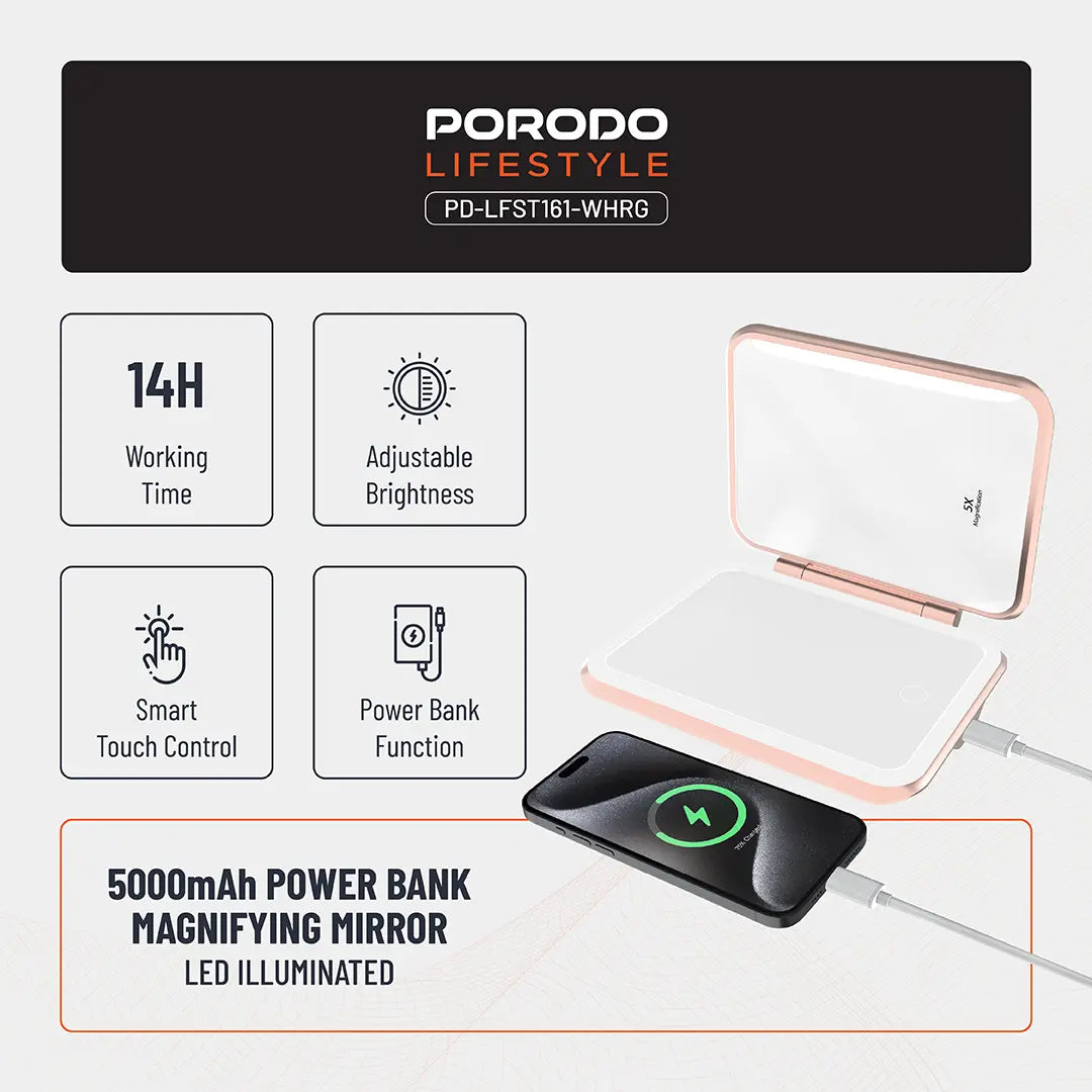 Porodo Lifestyle 5000mAh Power Bank Magnifying Mirror - PD-LFST161-WHRG