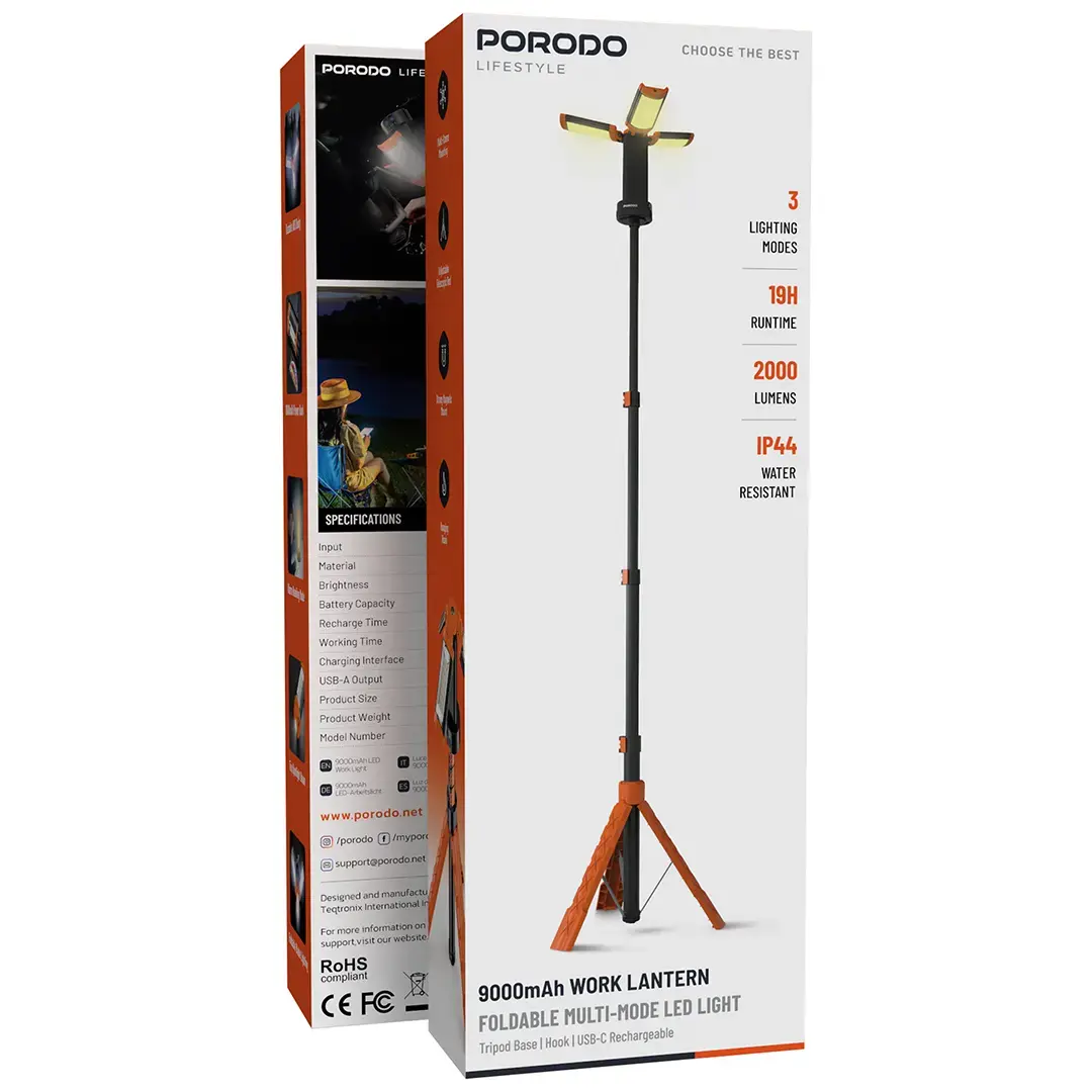 Porodo Lifestyle 9000mAh Work Lantern Foldable Multi-Mode LED Light - PDLFSTXQZ10OR