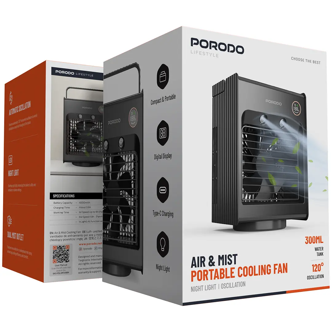 Porodo Lifestyle Air & Mist Portable Cooling Fan With Night Light And Oscillation - PDLSMFANBK