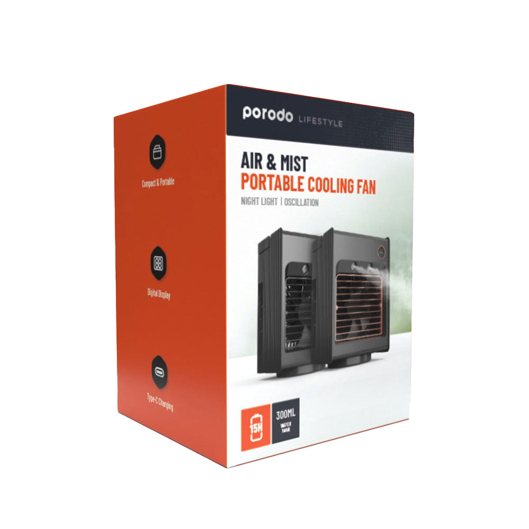 Porodo Lifestyle Air & Mist Portable Cooling Fan With Night Light And Oscillation - PDLSMFANBK