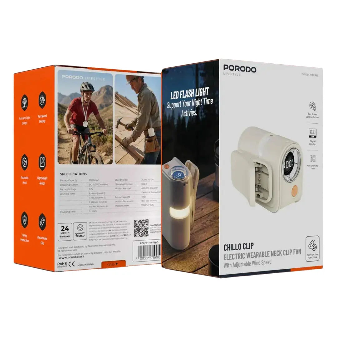 Porodo Lifestyle Chillo Clip Wearable Neck Fan 2000mAh - Beige