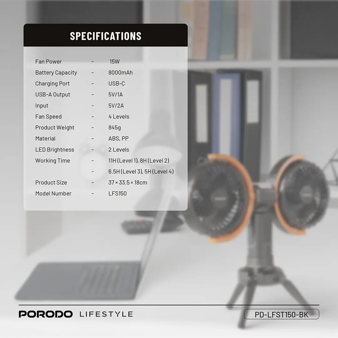 Porodo Lifestyle Dual-Head Oscillating Fan - PD-LFST150-BK