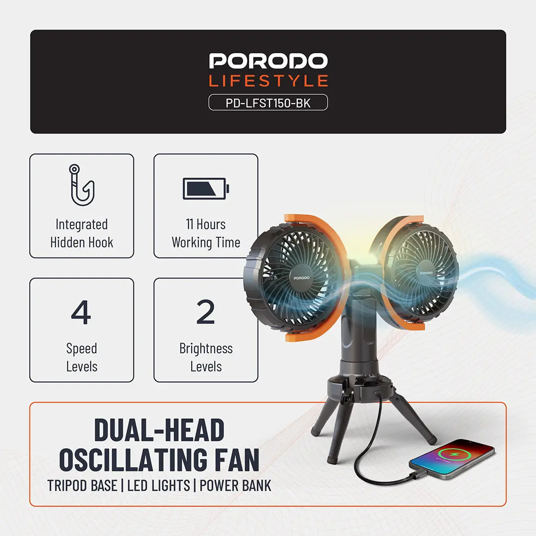 Porodo Lifestyle Dual-Head Oscillating Fan - PD-LFST150-BK