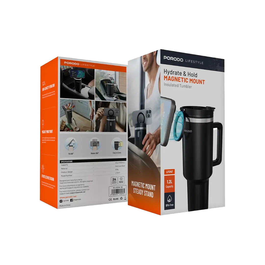 Porodo Lifestyle Hydrate & Hold Magnetic Mount 40oz Insulated Tumbler - PD-LFST147-WH
