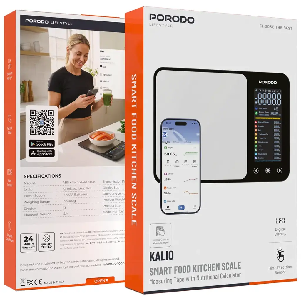 Porodo Lifestyle Kalio Smart Food Kitchen Scale with Measuring Tape - Silver
