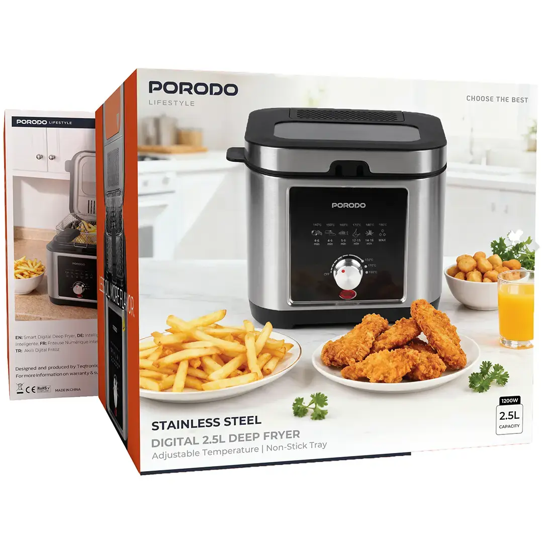 Porodo Lifestyle Stainless Steel 2.5l Deep Fryer Adjustable Temperature | Non-Stick Tray - PDLFSTED02FSL