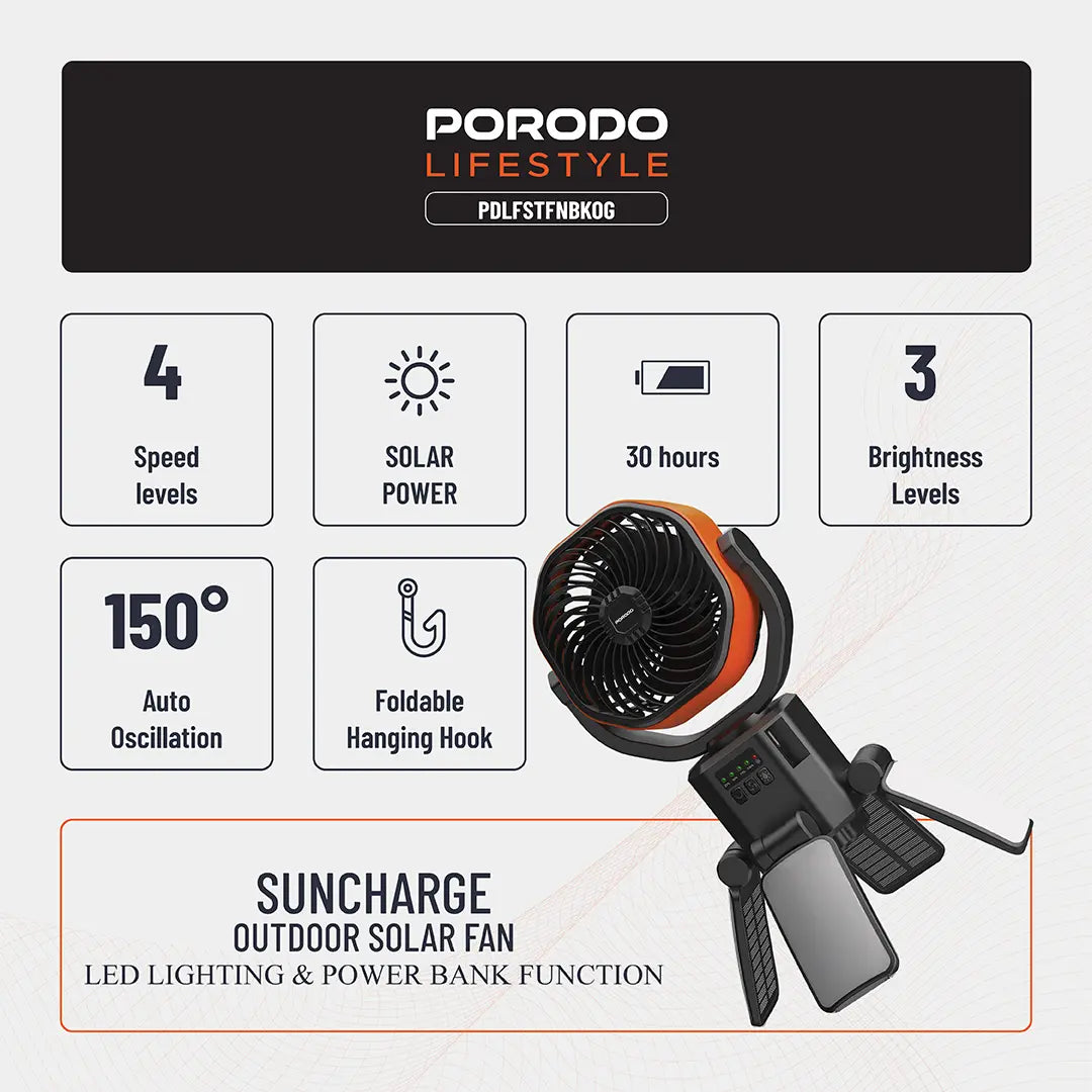 Porodo Lifestyle Suncharge Outdoor Solar Fan - PDLFSTFNBKOG