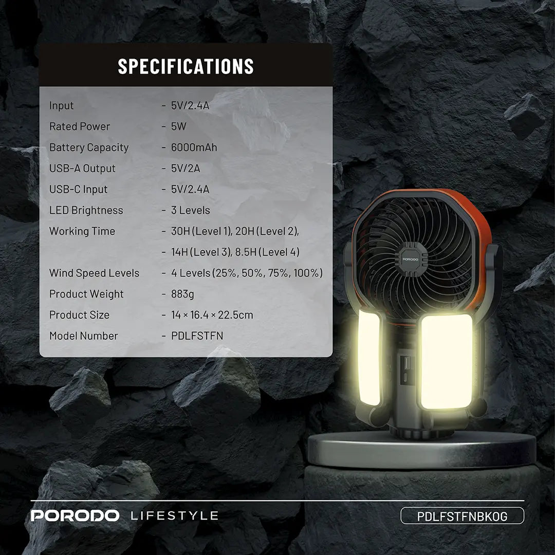 Porodo Lifestyle Suncharge Outdoor Solar Fan - PDLFSTFNBKOG