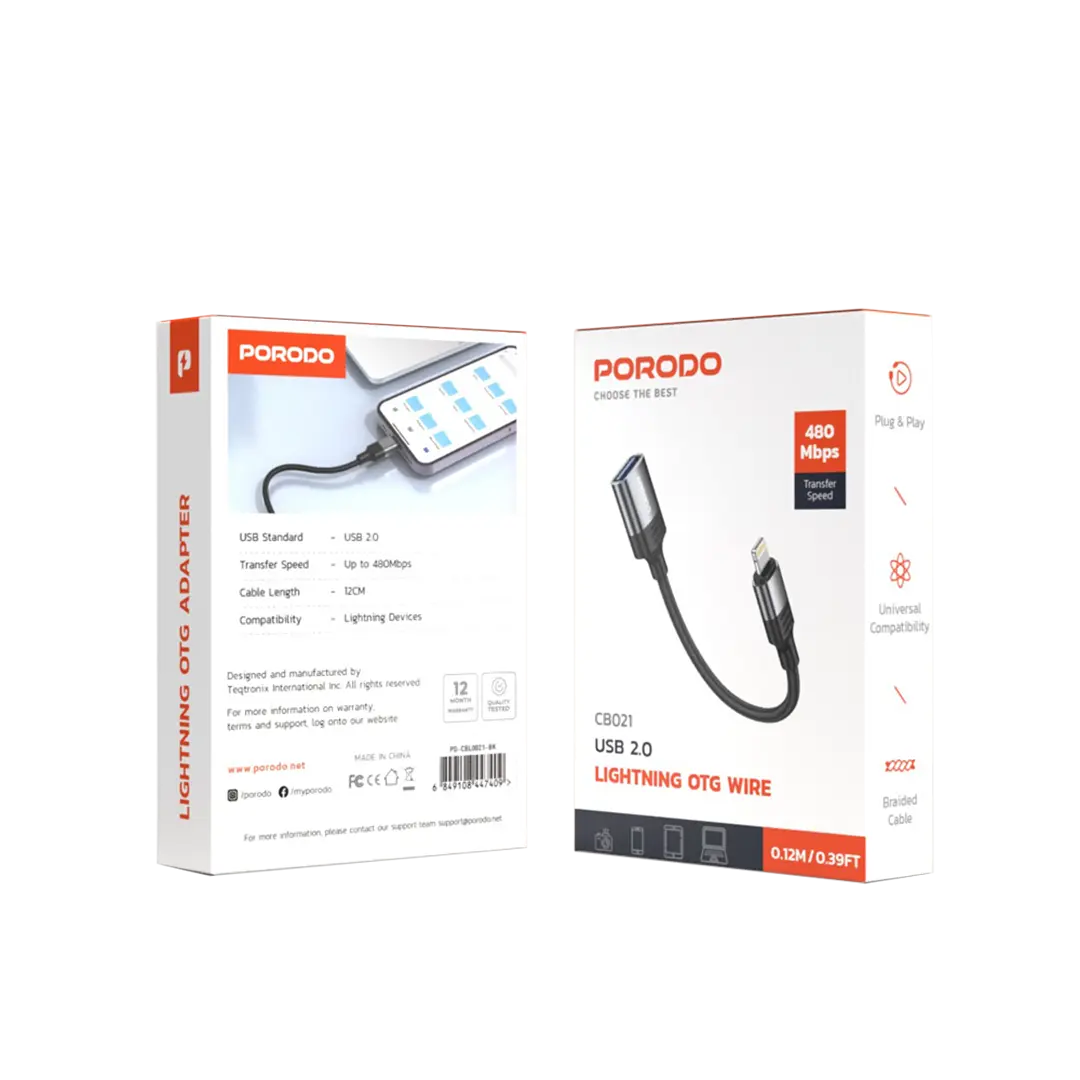 Porodo Lightning OTG Wire - PD-CBL0021-BK