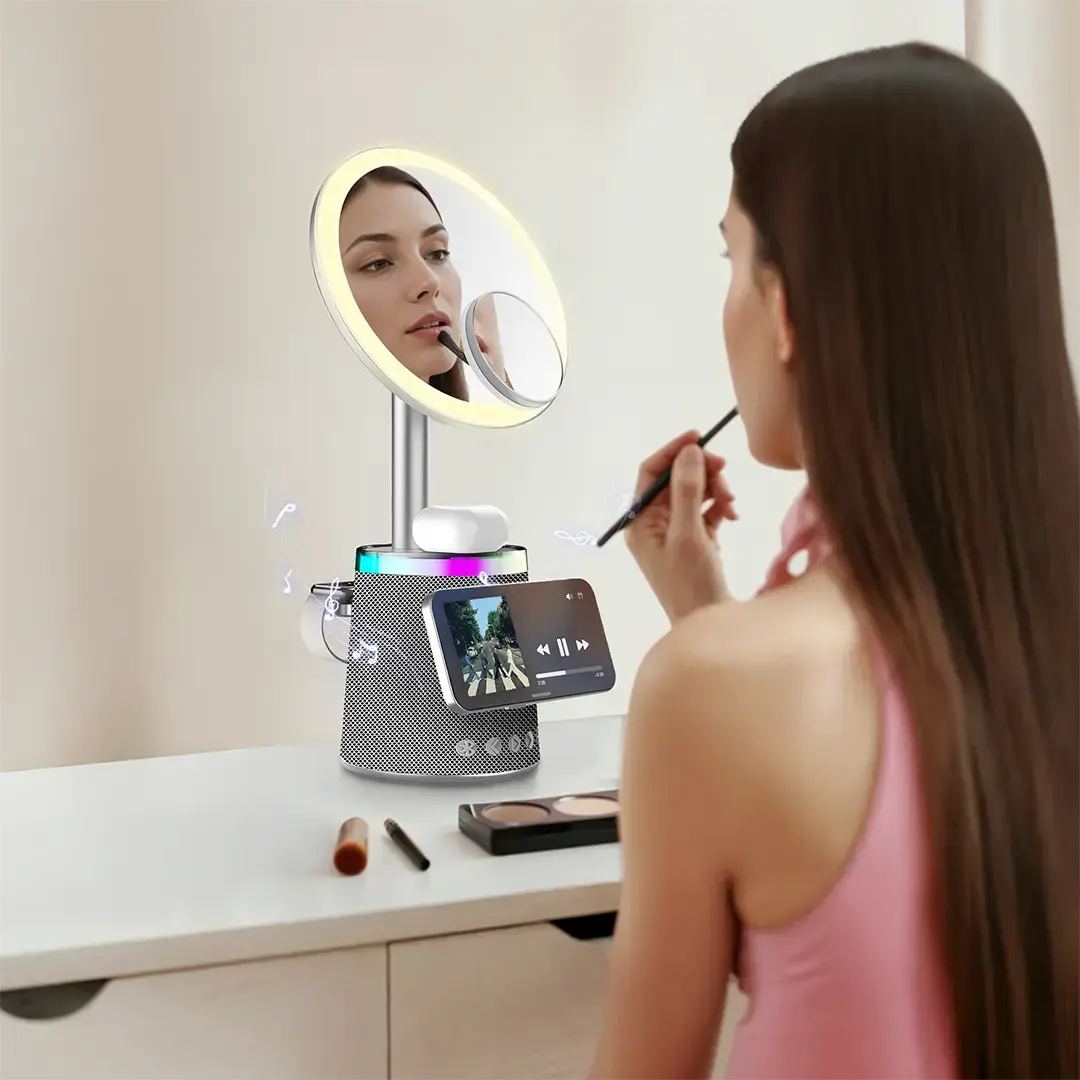 Porodo Makeup Mirror Wireless Charger & Speaker with RGB Lights - PDLFST220GD