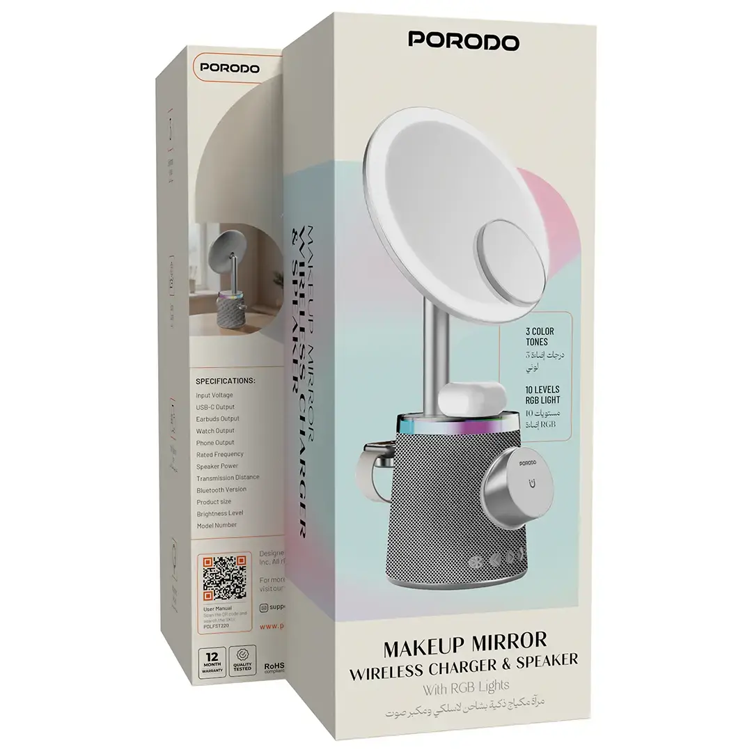 Porodo Makeup Mirror Wireless Charger & Speaker with RGB Lights - PDLFST220GD