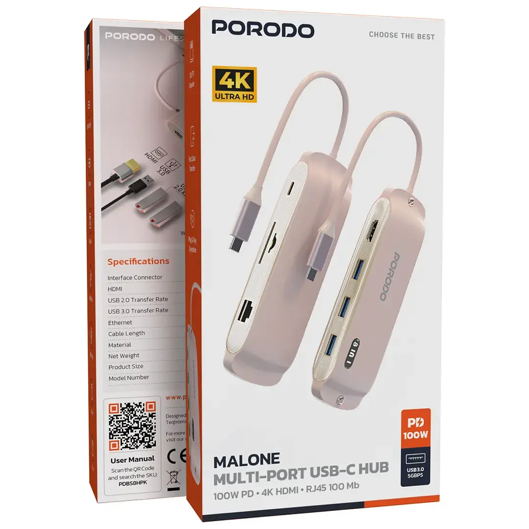 Porodo Malone Multi-Port USB-C HUB - PDBS8HPK