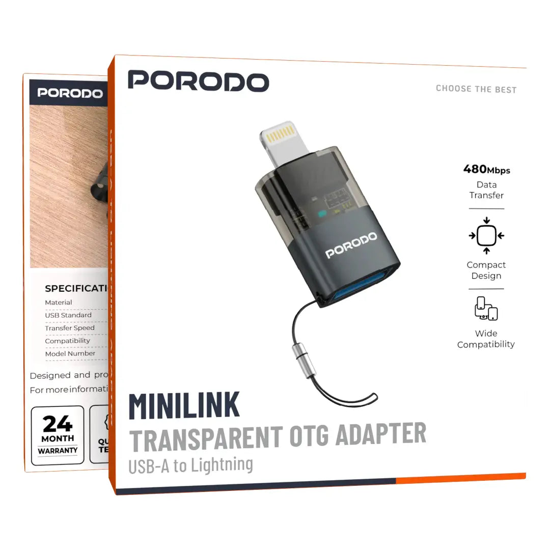 Porodo MINILINK محول OTG شفاف من USB-A إلى Lightning - رمادي