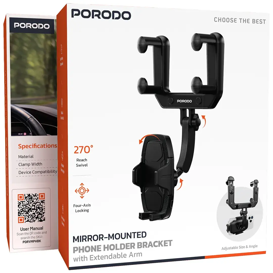 Porodo Mirror-Mounted Phone Holder Bracket with Extendable Arm - PDRVMPHBK