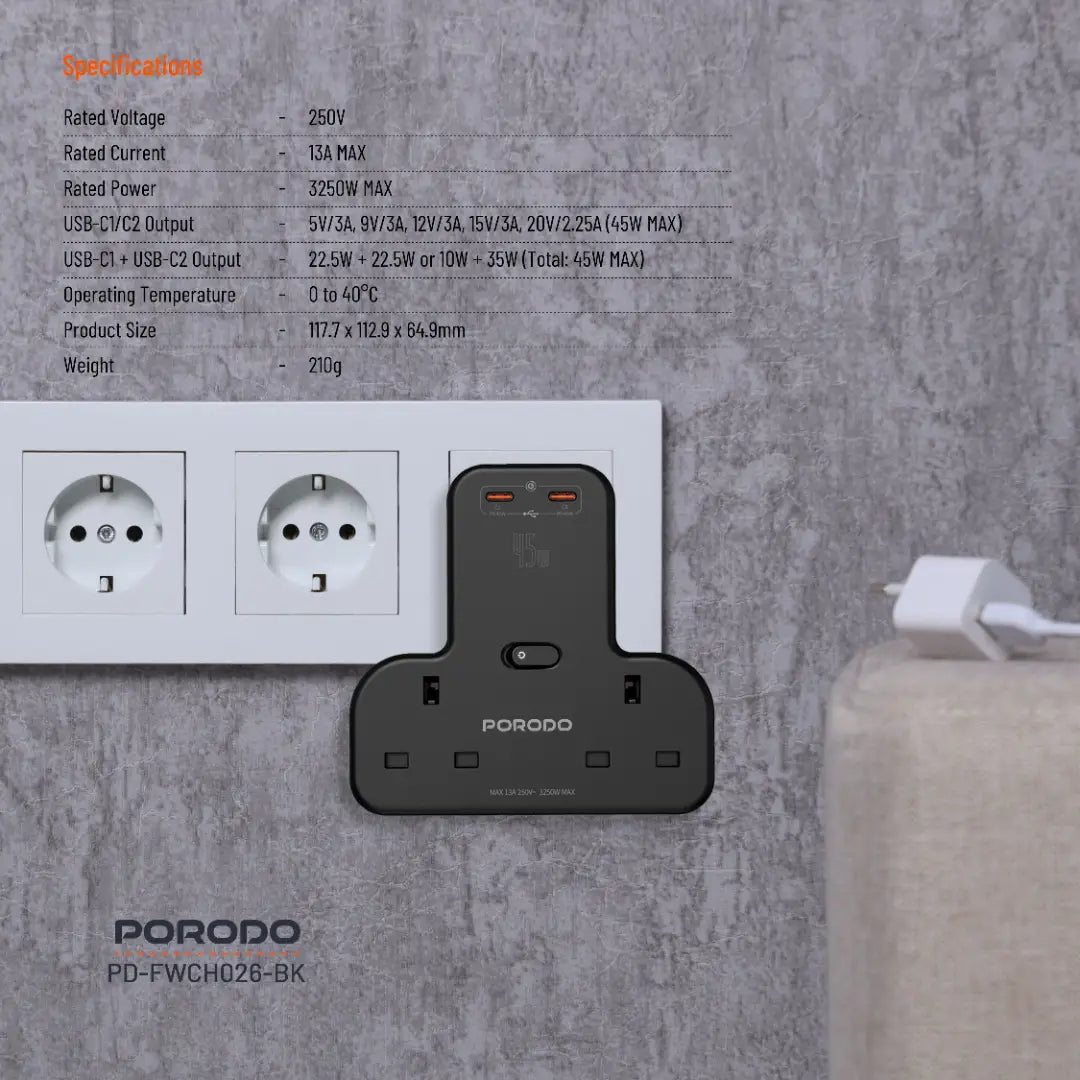 Porodo Multi-Port Wall Socket - PD-FWCH026-BK