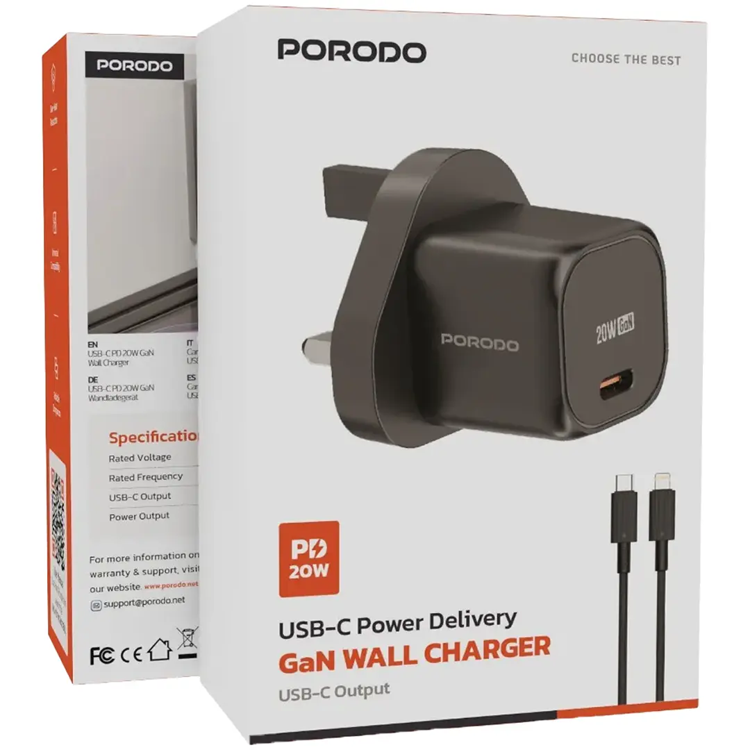 Porodo USB-C Power Delivery GaN Wall Charger UK - PDFWCH027BK