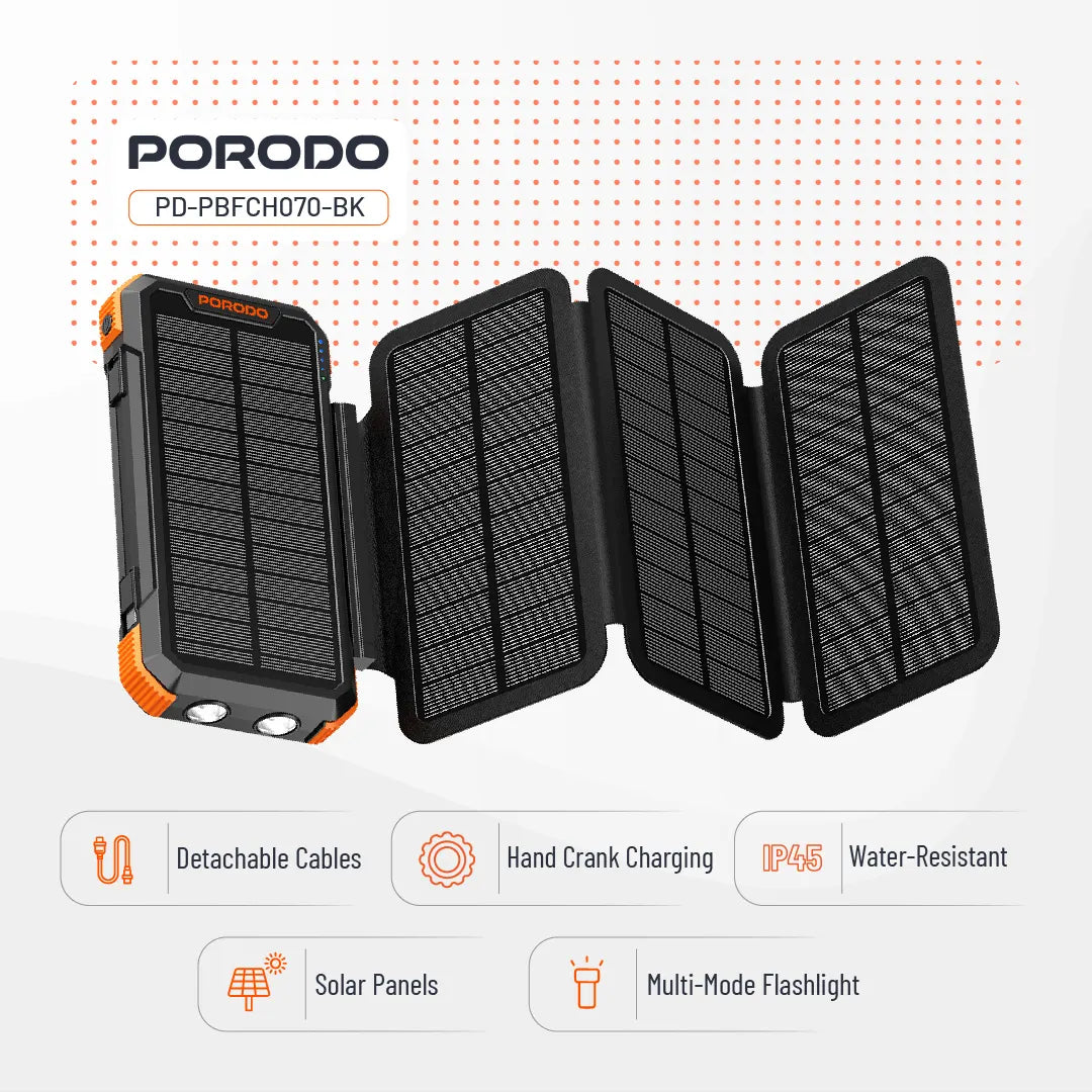 Porodo Power Bank PB070 20000mAh 4-Panel Solar - PDPBFCH070BK