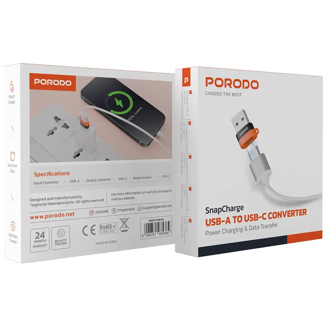 Porodo SnapCharge USB-A to USB-C Converter Power Charging and Data Transfer - PDETK17BKOG