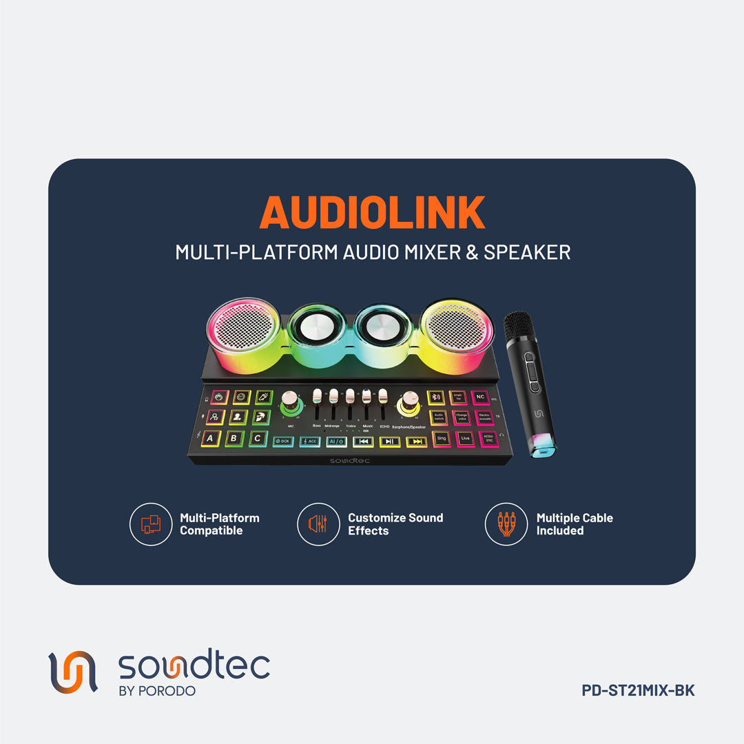 Porodo Soundtec Audiolink Multi-Platform Audio Mixer & Speaker - PD-ST21MIX-BK