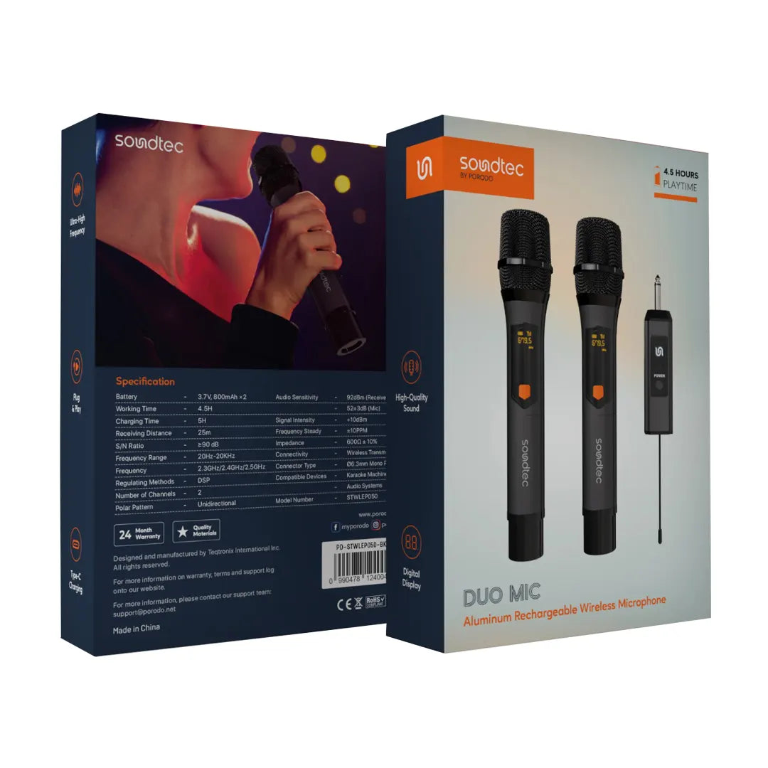 Porodo Soundtec Duo Mic Aluminum Rechargeable Wireless Microphone - PD-STWLEP050-BK