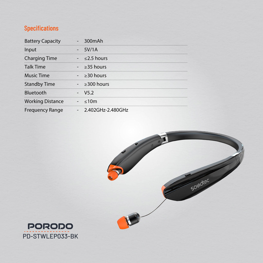 Porodo Soundtec Bluetooth Neck Band with Extendable Earbuds - PD-STWLEP033-BK
