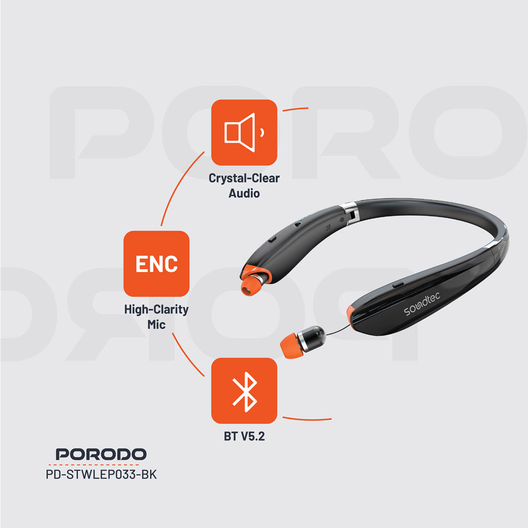 Porodo Soundtec Bluetooth Neck Band with Extendable Earbuds - PD-STWLEP033-BK