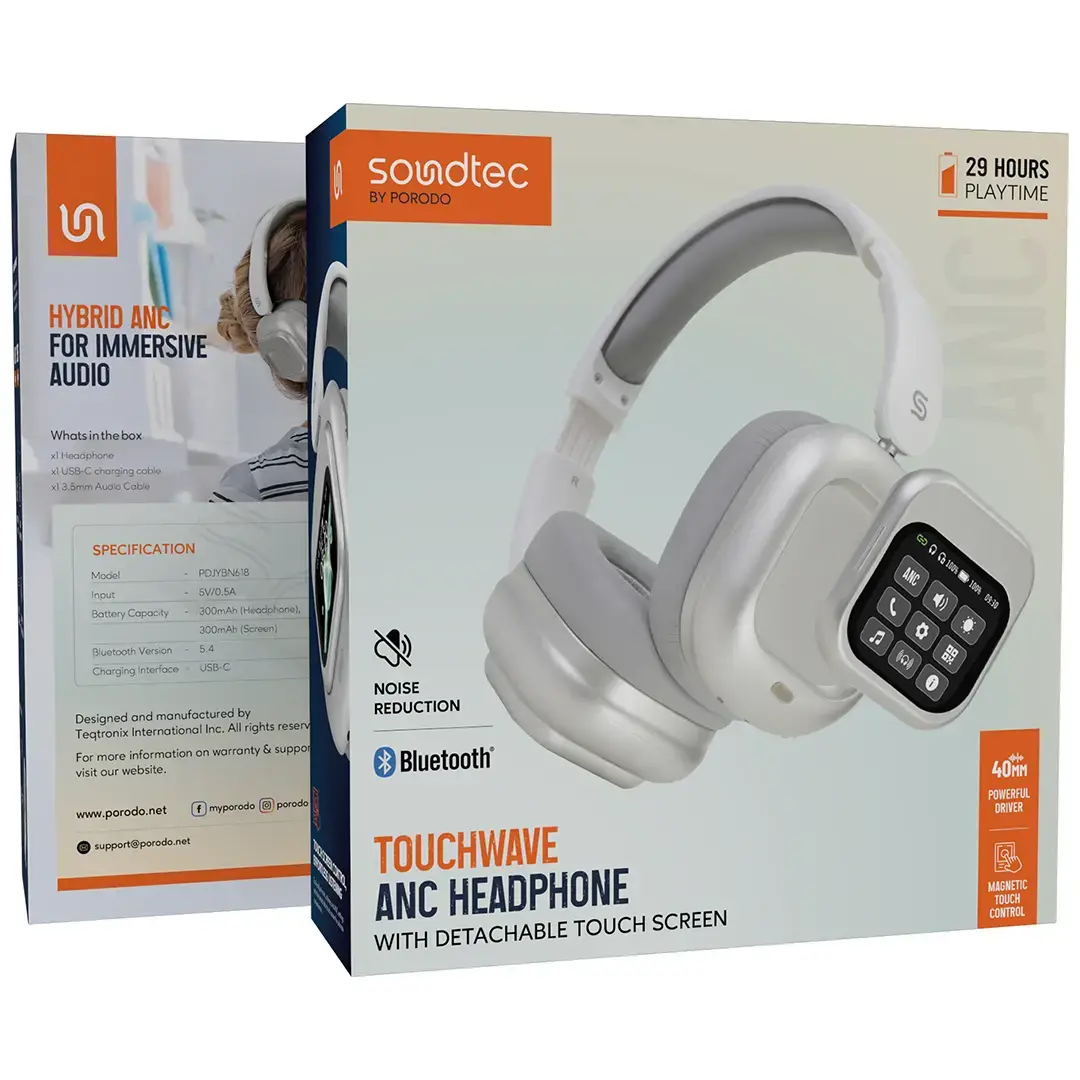 Porodo Soundtec Touchwave ANC Headphone With Detachable Touch Screen - PDJYBN618BK