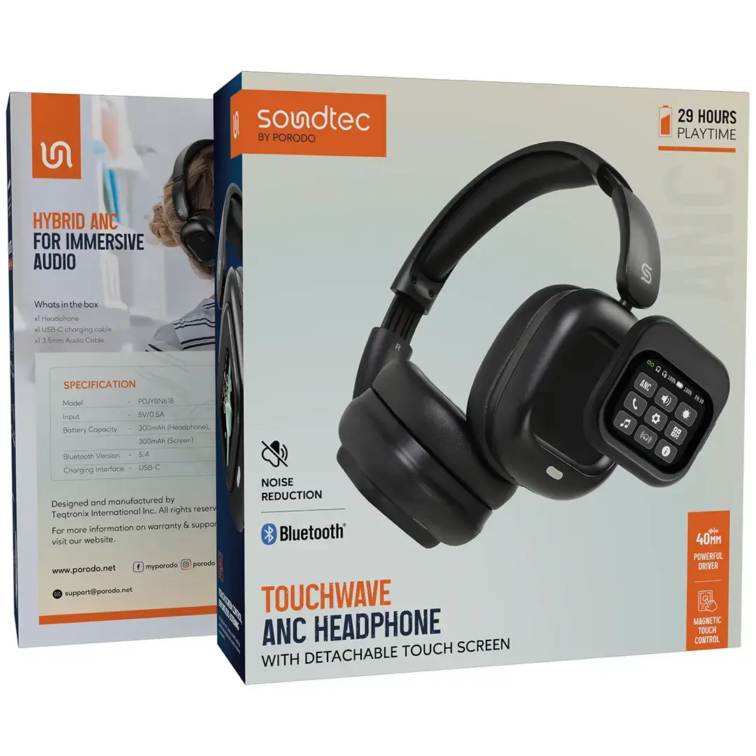 Porodo Soundtec Touchwave ANC Headphone With Detachable Touch Screen - PDJYBN618BK