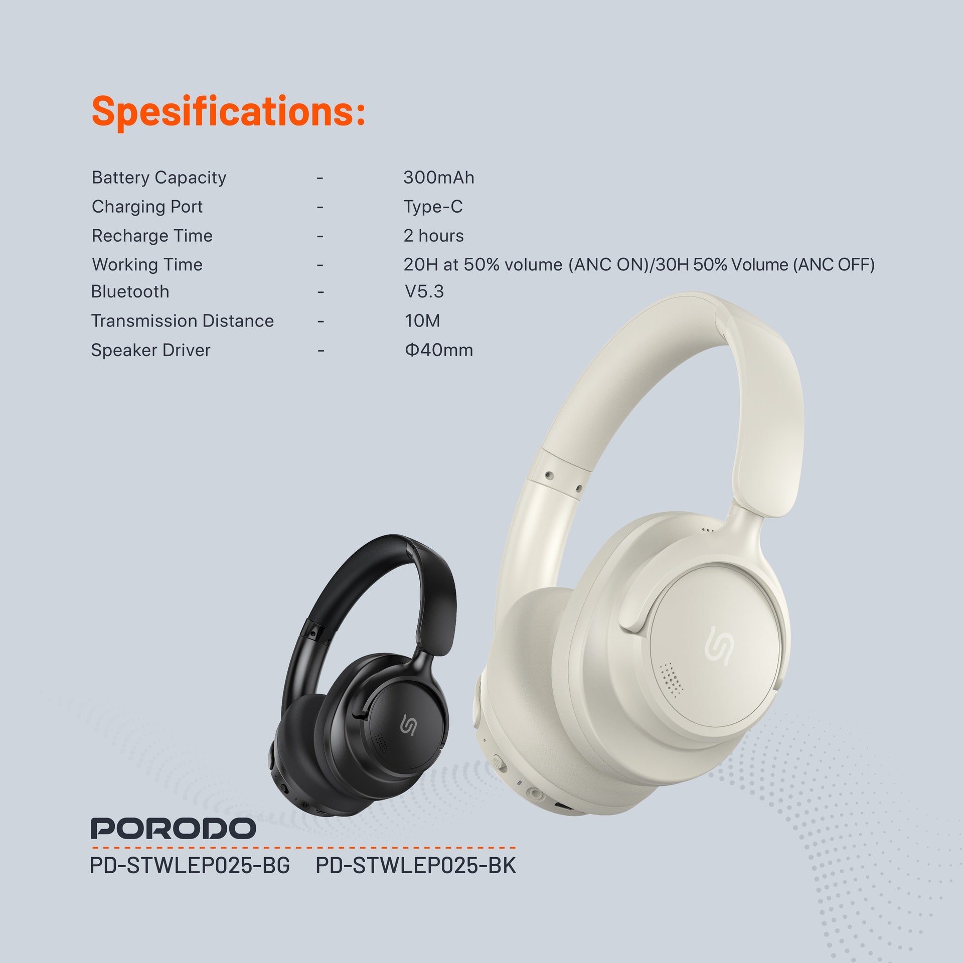 Porodo Soundtec Zen Active Noise-Cancellation Headphone - PD-STWLEP025-BK