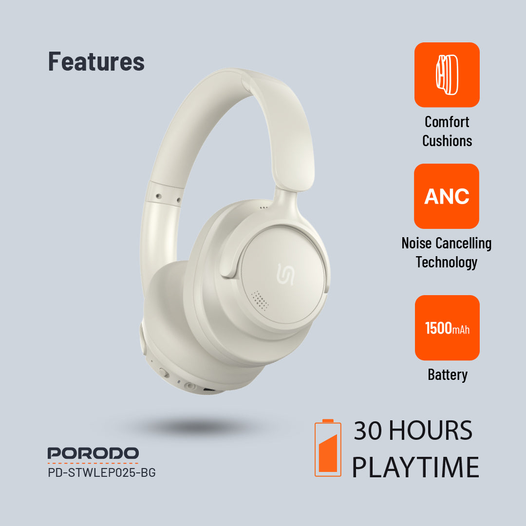 Porodo Soundtec Zen Active Noise-Cancellation Headphone - PD-STWLEP025-BK