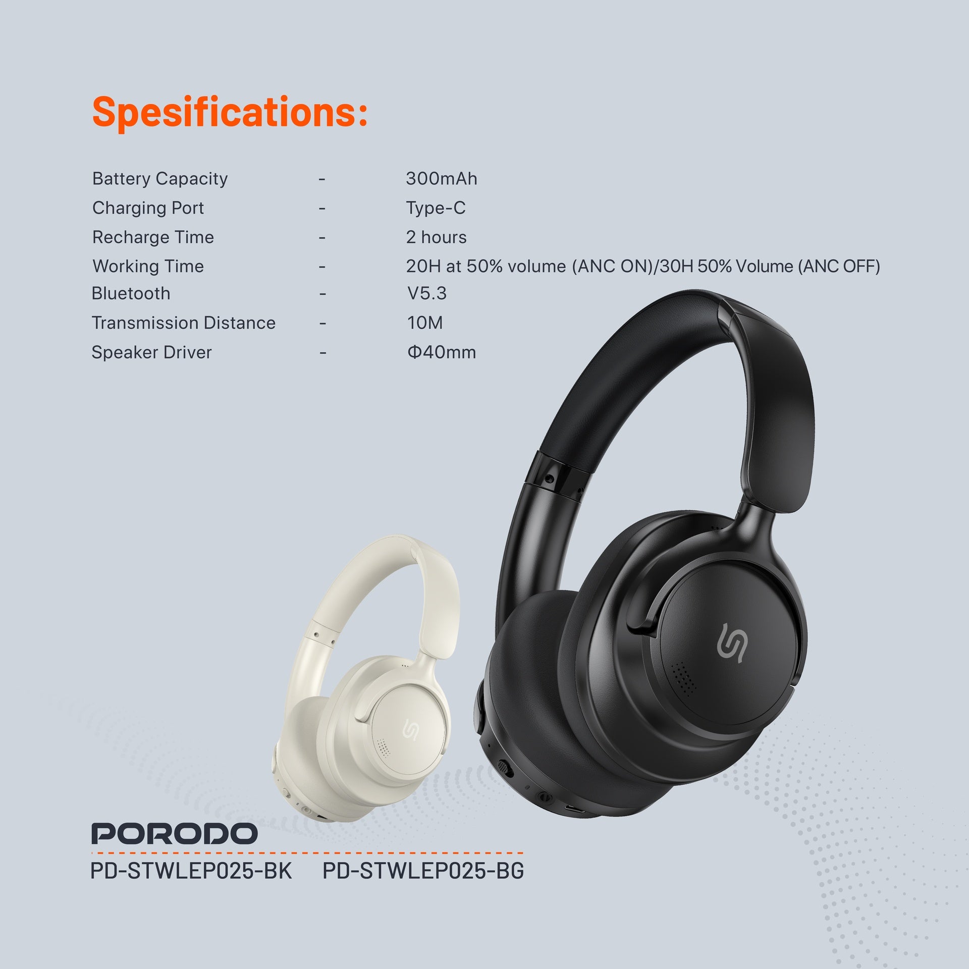 Porodo Soundtec Zen Active Noise-Cancellation Headphone - PD-STWLEP025-BK