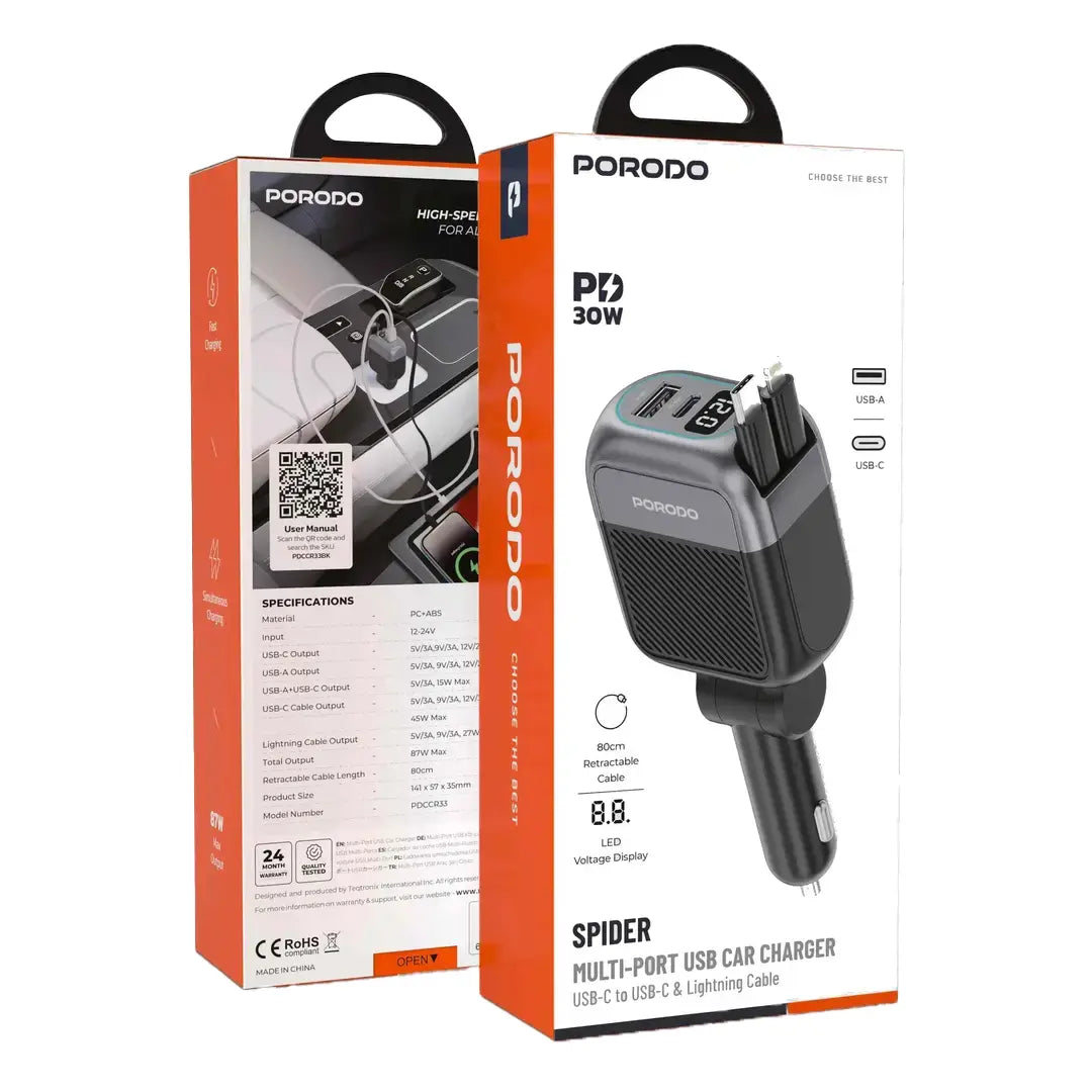 Porodo سبايدر شاحن سيارة متعدد المنافذ مع كوابل USB-C ولايتنينغ قابلة للسحب - أسود